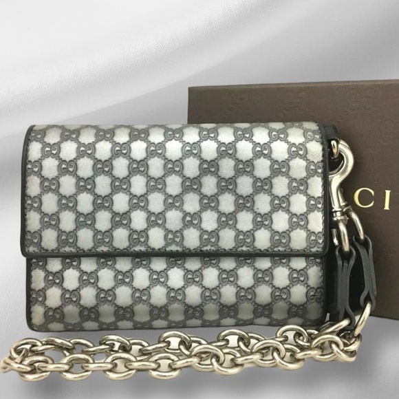GUCCI Chain Wallet chain⛓️🩶🖤 Silver and Black Guccissima Leather - Picture 1 of 6